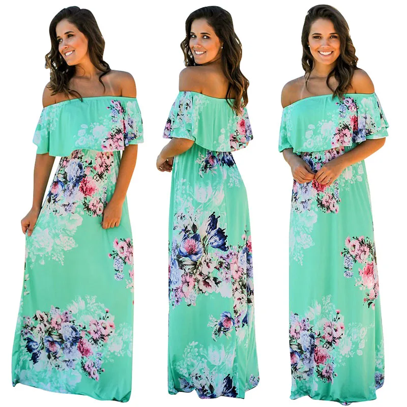 Летние платья 2019 Boho стиль с открытыми плечами без бретелек коротким рукавом