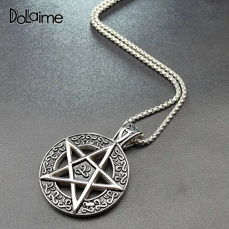 Кулон с пятиконечной звездой из нержавеющей стали серебристого цвета|Ожерелья