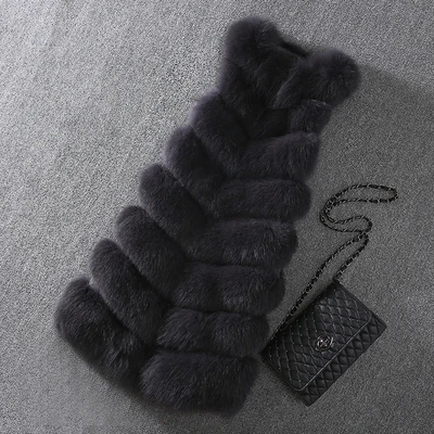 OFTBUY, весенне-осенняя Женская куртка, жилет из натурального меха, женская большая длинная парка из натурального Лисьего меха, пальто без рукавов, роскошная уличная одежда, новинка - Цвет: Темно-серый