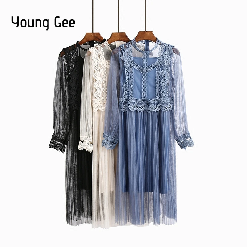 Young Gee/вечерние платья в сеточку; коллекция года; сезон весна-лето; кружевное платье миди с длинными рукавами и цветочным узором; шикарные модные плиссированные платья; vestidos