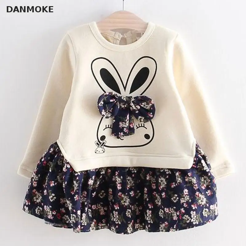 Платье с длинными рукавами для девочек принтом милого кролика и цветов 2017 г.