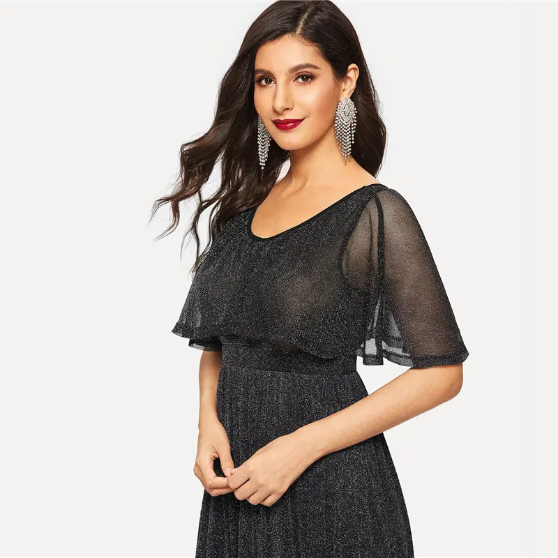 SHEIN Блестящее Расклешенное Платье С Высокой Талией Женское Черное Элегантное Платье Макси С Короткими Рукавами