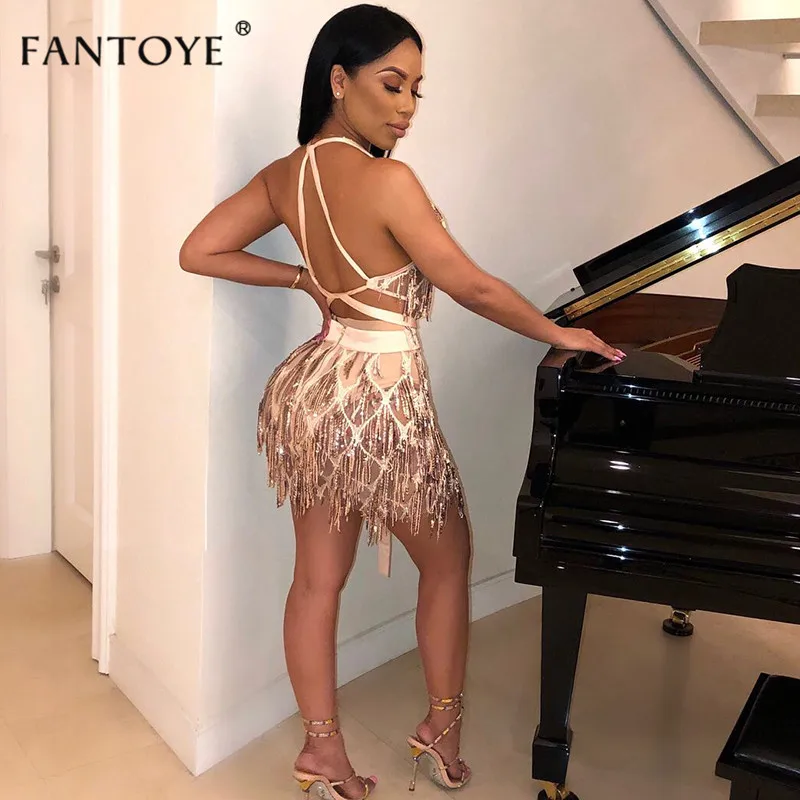 Fantoye спинки золотые блестки Bodycon платье для женщин кружево до Глубокий V средства ухода за кожей Шеи Пикантные мини клуб Рождественская повязка платья