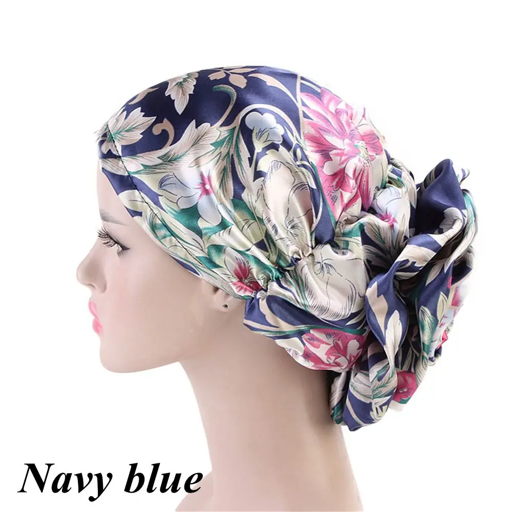 navy blue Женский атласный бант мусульманский хиджаб колпачки исламские платок цветок шляпа капот тюрбан головной убор женский мусульманский Внутренний хиджаб платок - Цвет: navy blue