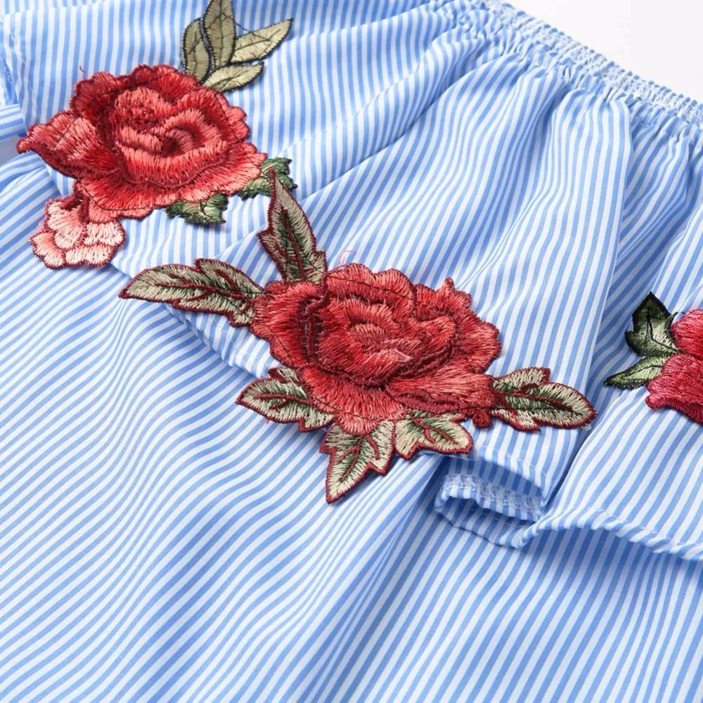 Женский топ в полоску с цветочной вышивкой и открытыми плечами Элегантная блузка