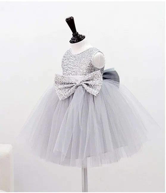 Детское платье без рукавов с большим бантом и серебристыми блестками|dress pencil|dress