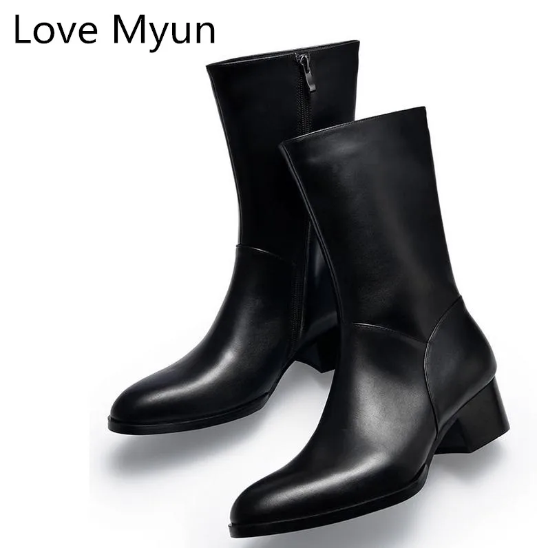 Мужские ботинки из натуральной кожи с острым носком на высоком каблуке | Обувь