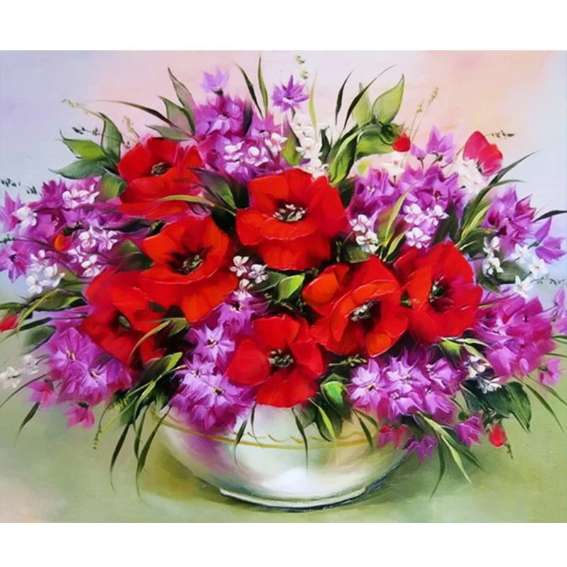 Megayouput красный цветок алмазная живопись вышивка крестиком 3D Фиолетовый и ваза с