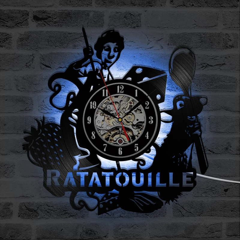 Ratatouille Cartoon Vinyl Record Wall Clock Kids Room Decoration Vintage Vinyl LED Clocks with 7 Backlight Wall Watch Home Decor
