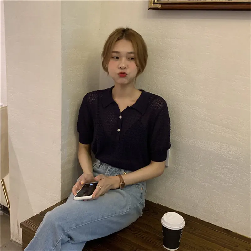 Женские милые модные летние свободные тонкие трикотажные рубашки с короткими