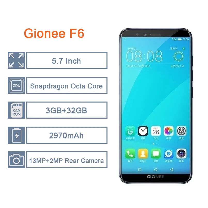 Gionee F6 мобильного телефона Android 7 1 4 аппарат не привязан к оператору сотовой связи