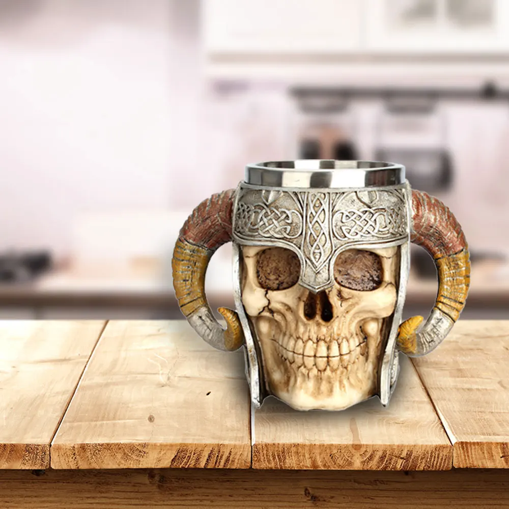 Stainless Steel 3D Skull Mug Viking Ram Horned Pit Lord Warrior Beer Stein Tankard Coffee Mug Tea Cup Halloween Bar Drinkware