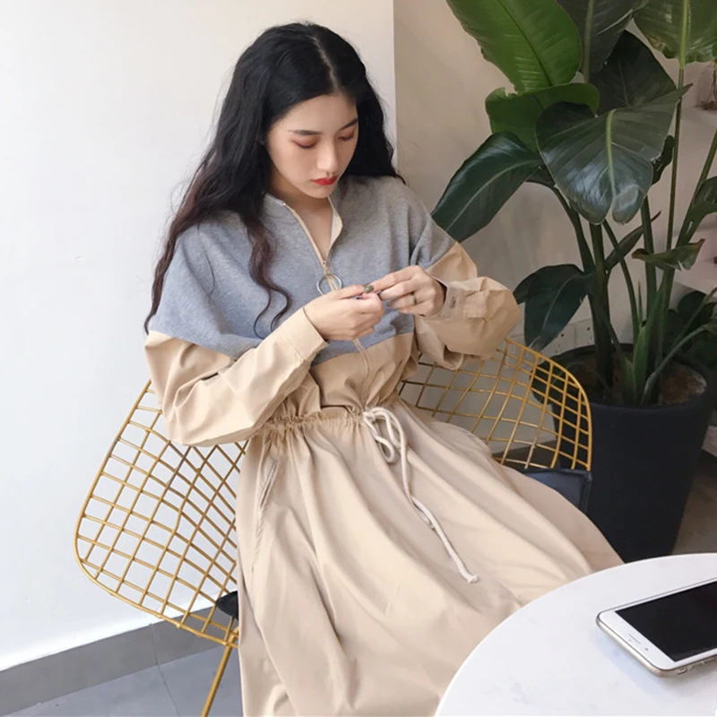 TWOTWINSTYLE Лоскутная Толстовка Платья женские с длинным рукавом хит цвета шнурок миди платье женское осень корейская мода