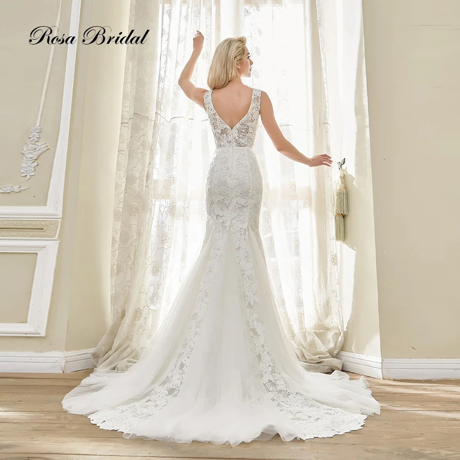 Rosabridal 2019 new Mermaid Wedding Dress Glimpse Deep V-neck Sleeveless Beading Lace Embroidery invisible backless dress