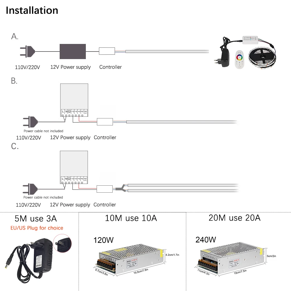 

DC12V 5050 LED Strip RGB RGBW RGBWW 5M 10M 20M Set LED Strip 5050 RGB 60LEDs/m + Touch Remote Controller+ 12V Power adapter