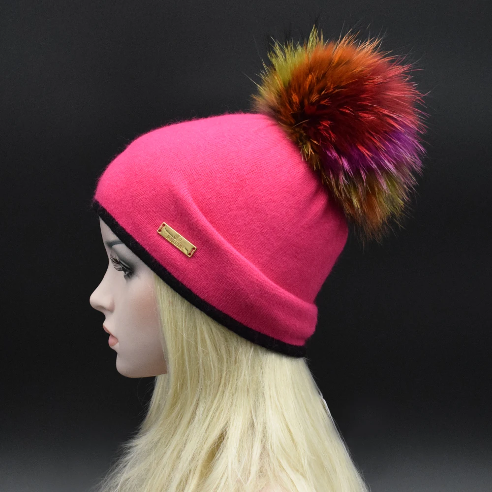 2017 Winter Luxury top 22cm Colorful raccoon fur pompoms Women Beanie hat Double knitting wool Metal Logo lady caps | Аксессуары для