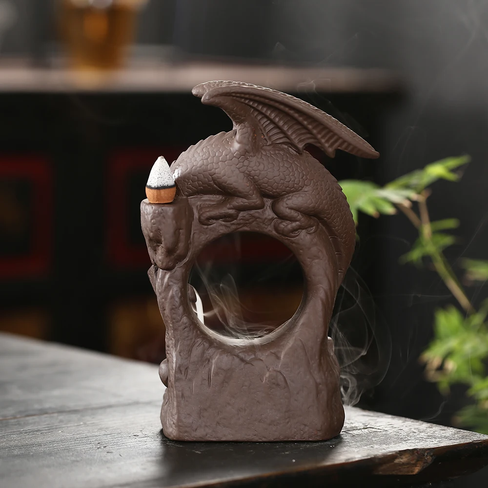 

T Dragon Backflow Incense Burner Buddhism Decoration Ceramic Incense Sticks Holder Base for Home Decor with 10pcs Incenses