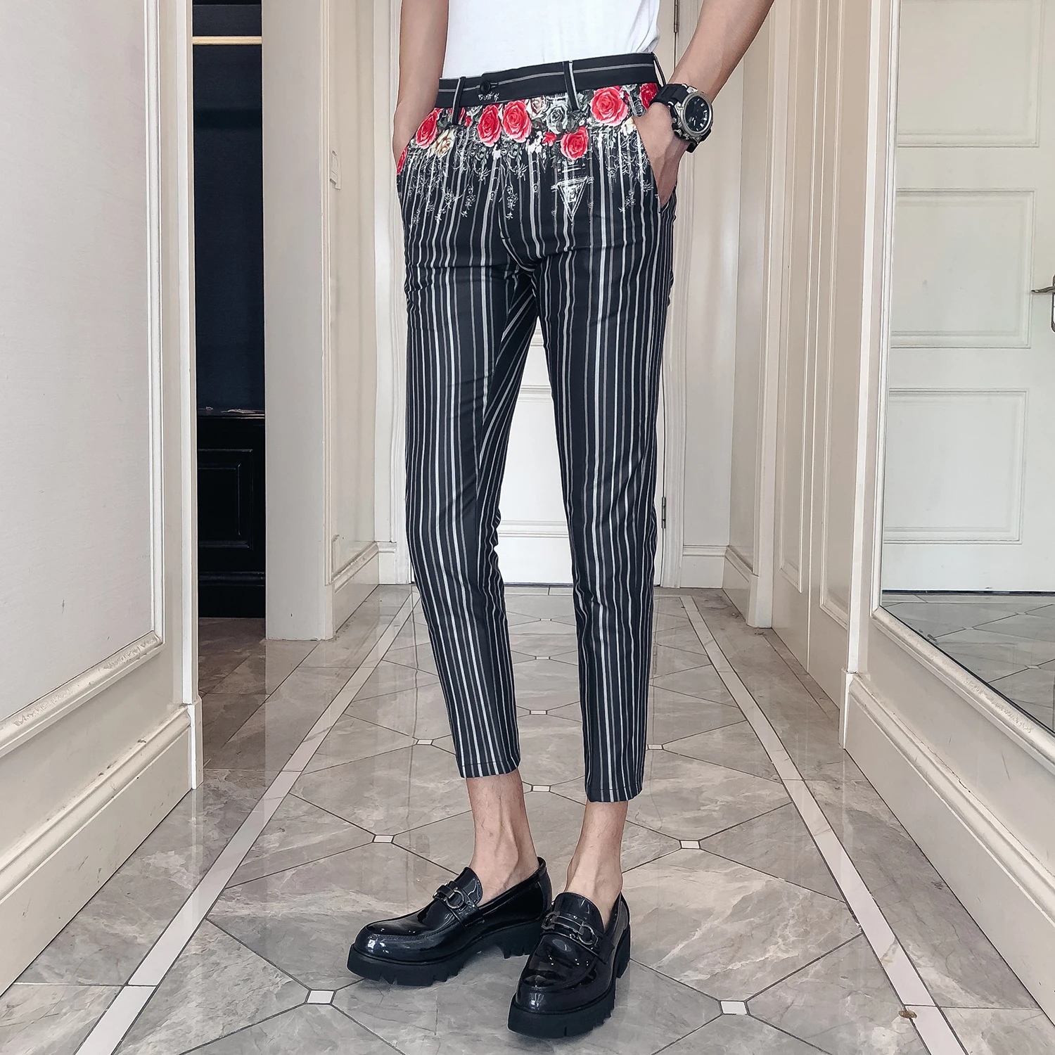 Брюки с цветочным принтом мужские модные Pantalon Homme Slim Fit вечернее платье 2019 брюки