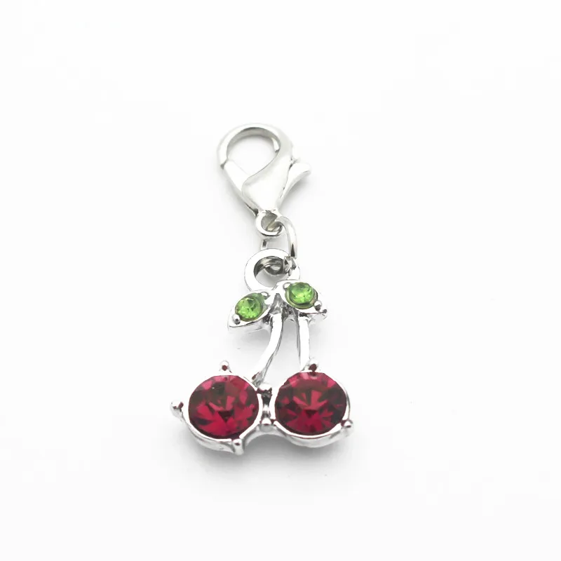 

New desingn 20pcs/lot Metal Silver Crystal red cherry lobster clasp Dangle Charms Fit DIY Necklace Bracelet Jewelry