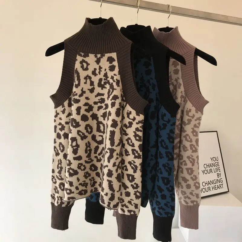 Amolapha Women Off Shoulder Leopard Print Turtleneck Knitted Sweater Jumper Tops Woman Fashion Sweaters Costumes | Женская одежда