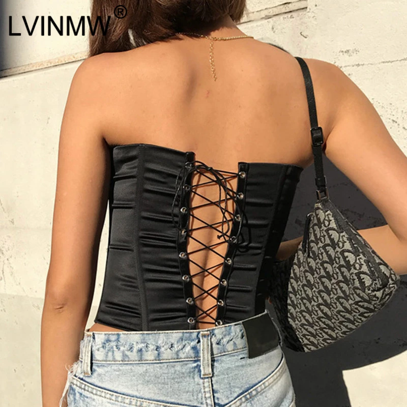 LVINMW сексуальные одноцветные топы с открытой спиной на шнуровке заклепками
