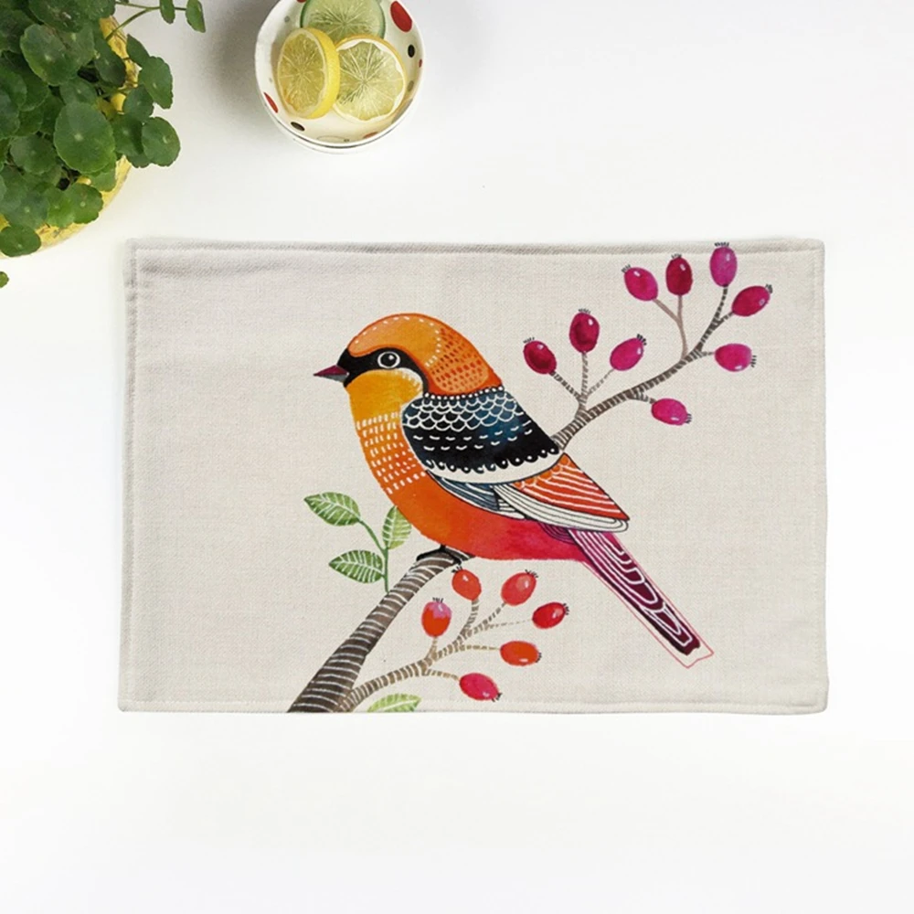 4pcs European birds embroidered Placemat restaurant tea towels bowls coasters Western tableware pad linen kitchen table mats | Дом и сад