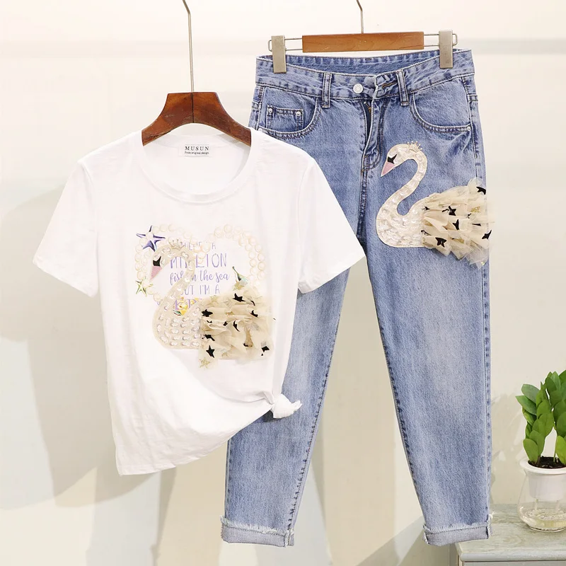 Женский Брючный комплект ALPHALMODA футболка с коротким рукавом и принтом лебедя