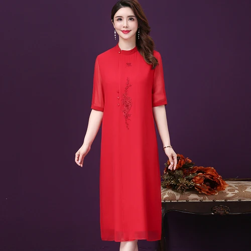 

2021 Spring Summer Fashion Short Sleeve Stand Collar Silk Women Dress New Style Mother Simple Elegant Temperament Female Dresses