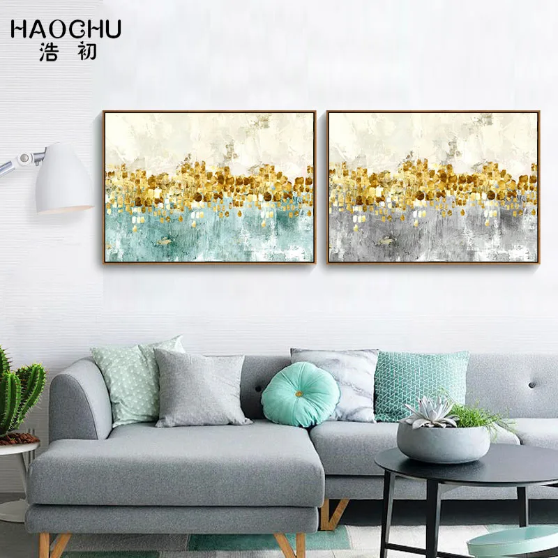 HAOCHU абстрактная картина с золотистым и желтым листом холст Декор для дома Постер