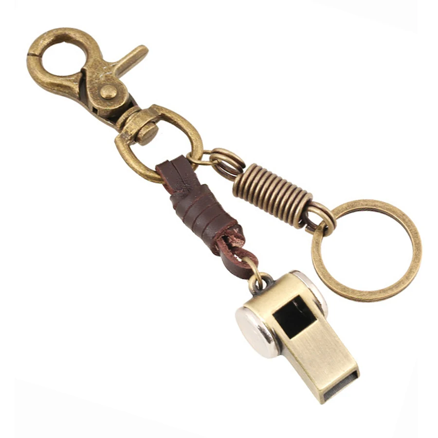 

Copper Alloy Genuine Leather Whistle Vintage Bag Keychains Punk Men Car Key Chain Ring Holder Women Accessories Gift FY040