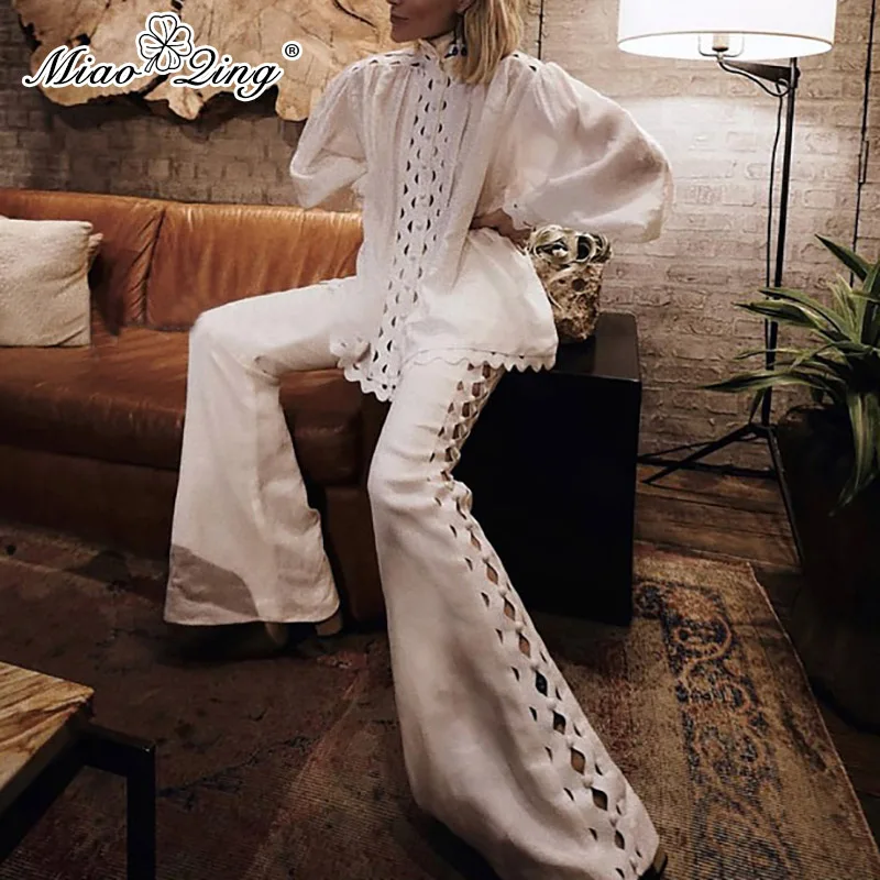 MIAOQING Casualsolidcolorhollow-out women'stunic high-neckbubble-sleevotoslimbody wide-legtrouserstwo-pieceelegantspring2019