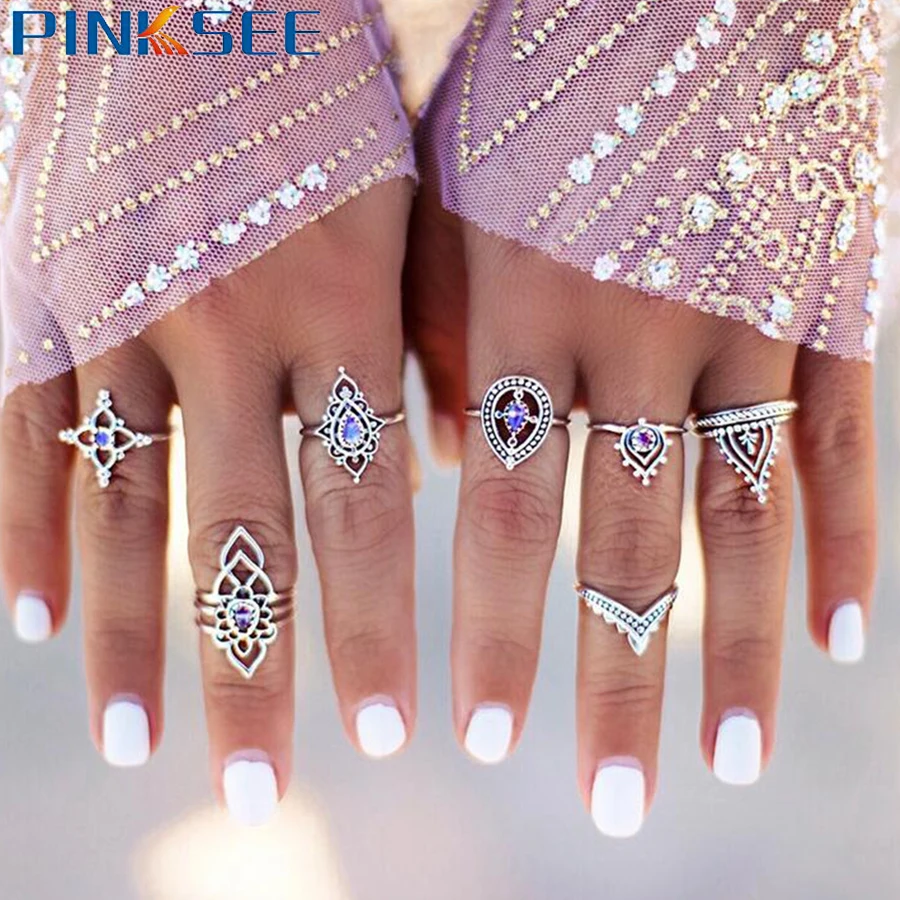 7 шт. винтажные Серебристые Многослойные кольца средней длины для женщин и