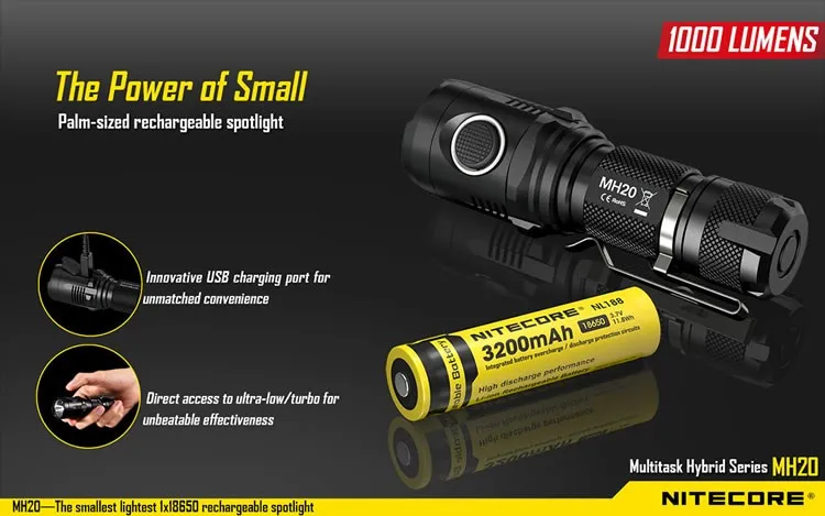 NITECORE MH20 1000 люменов CREE XM-L2 U2 CRI светодиодный водонепроницаемый фонарь USB Перезаряжаемый фонарик без батареи 18650