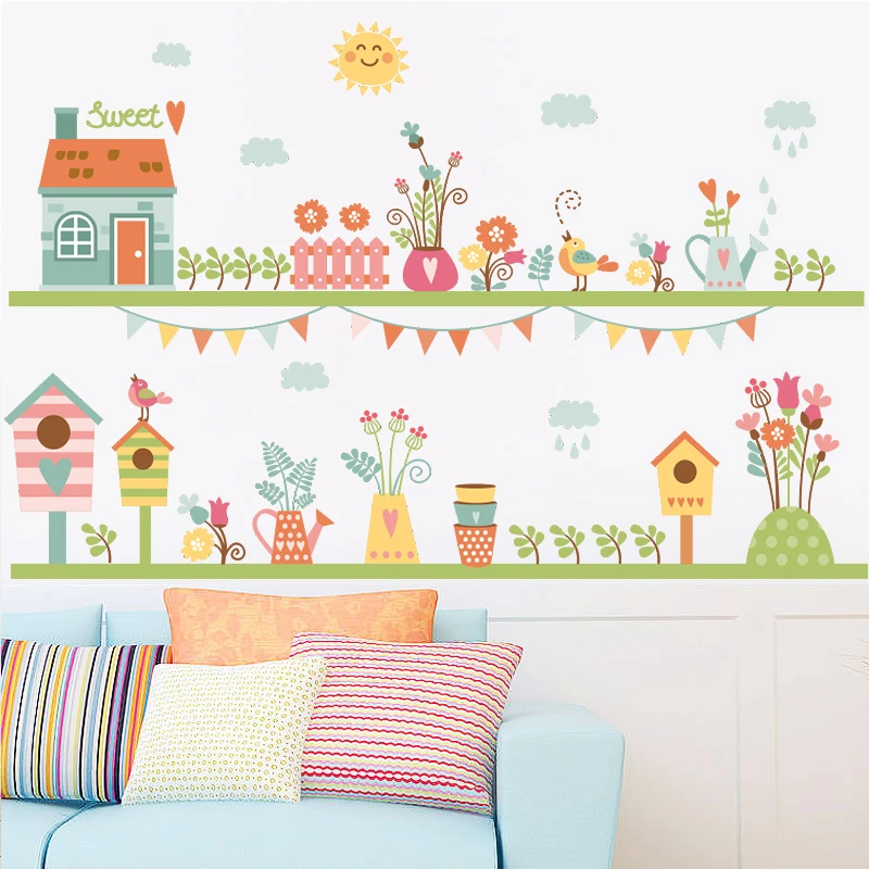 sweet birds house flower fence skirting line flora wall stickers for kids rooms home decor pvc decals wedding mural art | Дом и сад