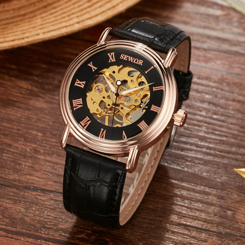 SEWOR Mechanical Hand Wind Watch for Men Leather Skeleton Male Watches Luxury Classic Mens With Box SWQ53 | Наручные часы