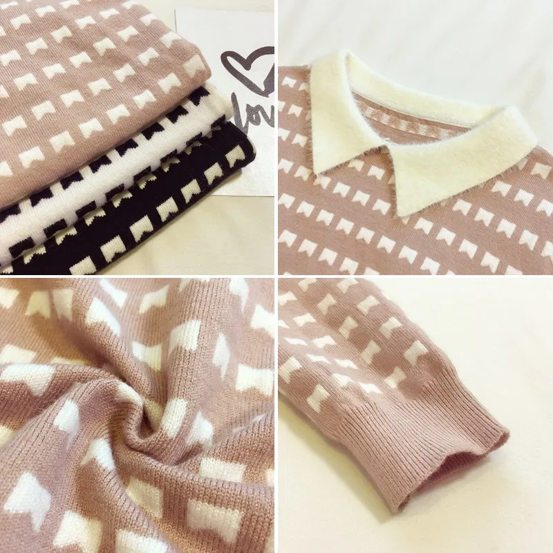 

Women Sweaters Plaid Peter Pan Collar Knitted Long Sleeve Vintage Loose Sweaters Casual Pullovers