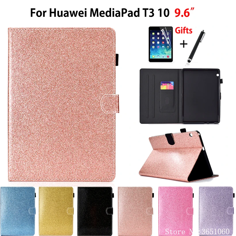 

Glitter Case For Huawei MediaPad T3 10 AGS-L09 AGS-W09 AGS-L03 9.6" Cover Funda Tablet Silicone PU Leather Stand Skin+Film+Pen