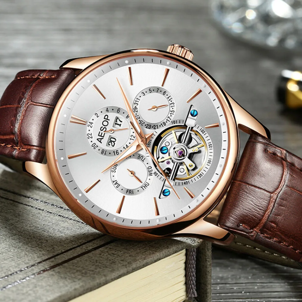 Aesop Марка часы Для мужчин автоматические механические сапфир Стекло Дата Кожаный