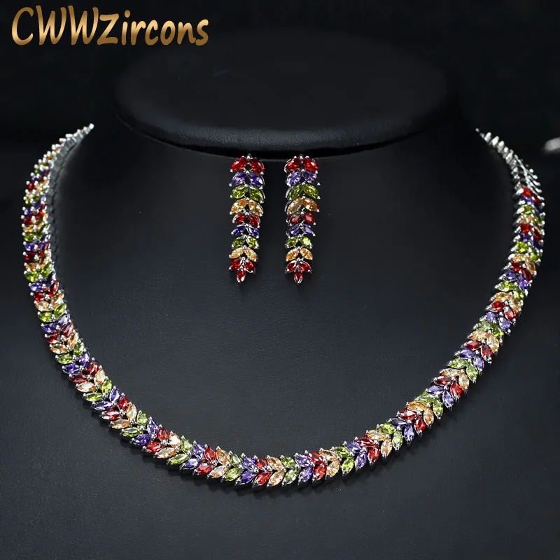 CWWZircons Marquise Cut красочные кубические камни циркония свадебный круглый чокер ожерелье серьги набор для женщин Свадебные ювелирные изделия T074 - Окраска металла: colorful