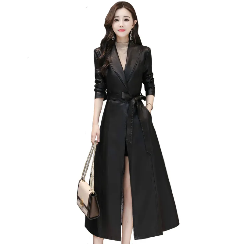 

Autumn Winter X-Long Sheepskin Trench Coat Whit Belt Faux Leather Coat Soft Slim Black Leather Jacket Women Overcoat Plus Size