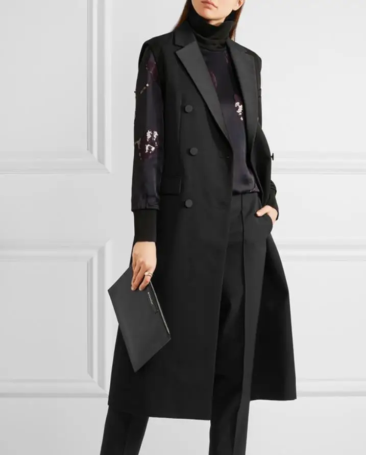 Женский офисный пиджак элегантный однотонный двубортный длинный жилет с