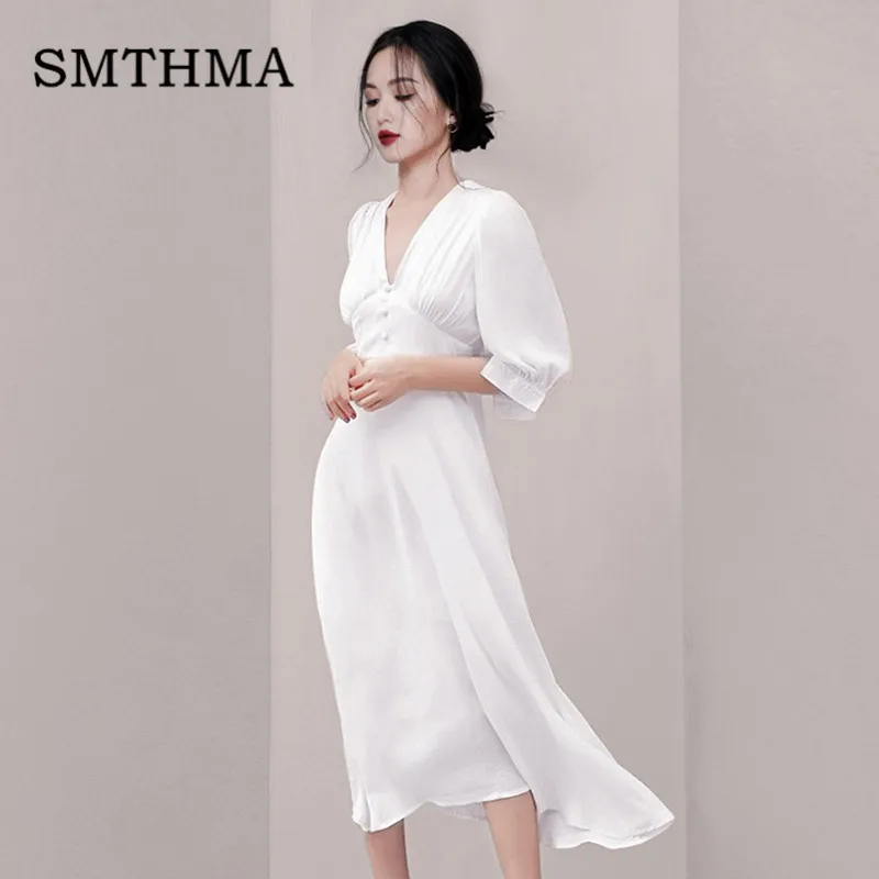 Photo Color SMTHMA летнее платье с глубоким v-образным вырезом, белое Повседневное платье, женское однотонное плиссированное платье с пышными рукавами, Vestido - Цвет: Photo Color