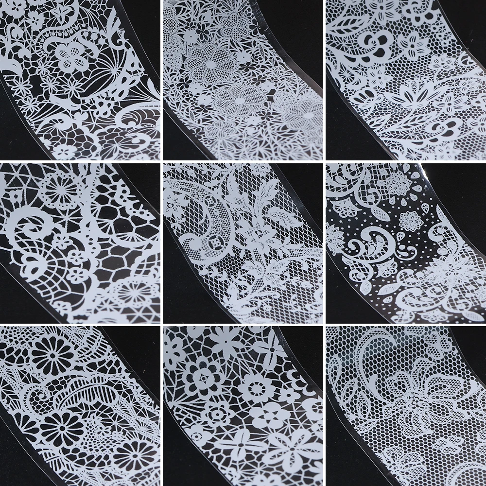 10pcs/set Black White Lace Foil For Nails Mixed Flowers Nail Art Stickers Transfer Starry Paper Adhesive Manicure Decals TR1017