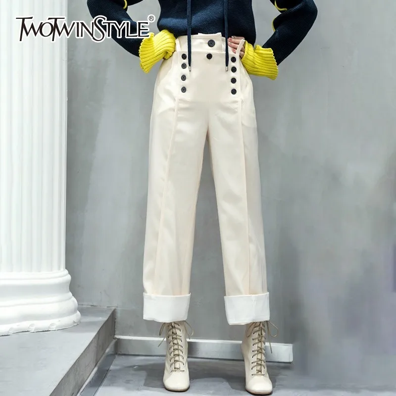 TWOTWINSTYLE брюки для женщин большие размеры пуговицы пэчворк с высокой талией