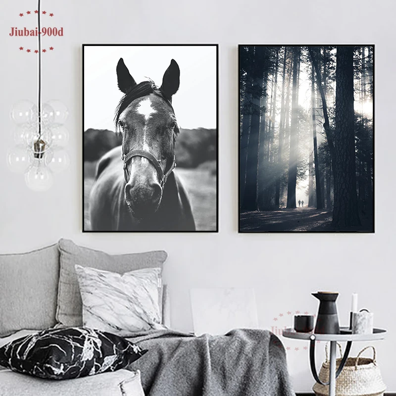 900D скандинавские плакаты с изображением леса и принтами, настенные картины для гостиной, лошадь, гора, холст, живопись, художественное украшение стены, SAN66