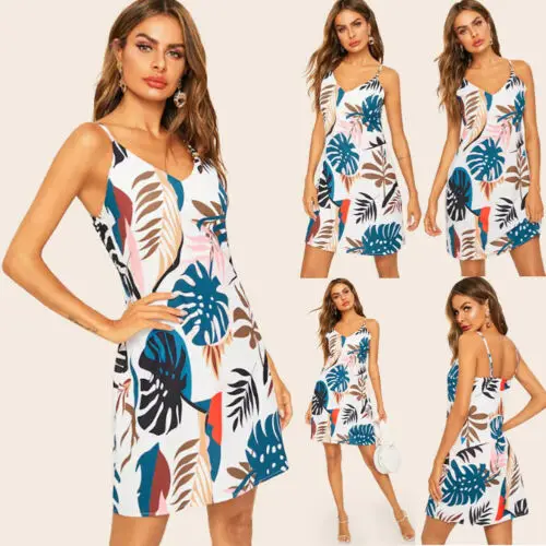 2019 Summer Beach Dress Elegant Vintage V-Neck Floral Strap Boho Casual Short backless Mini SunDress Holiday Clubwear | Женская одежда