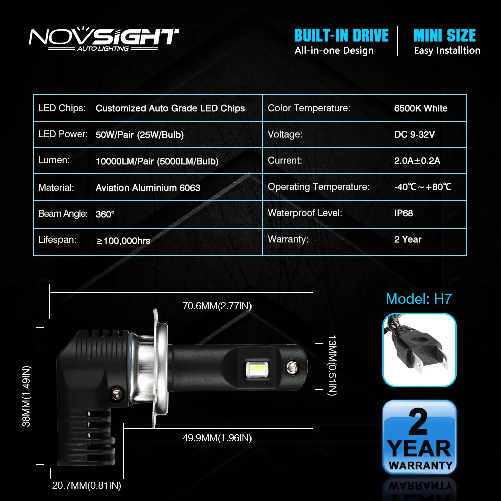 NOVSIGHT супер сосредоточены h7 h4 Светодиодная лампа автомобиля 12v 24v 50W 10000LM 6500K IP68 водонепроницаемый авто светодиодные voiture фар