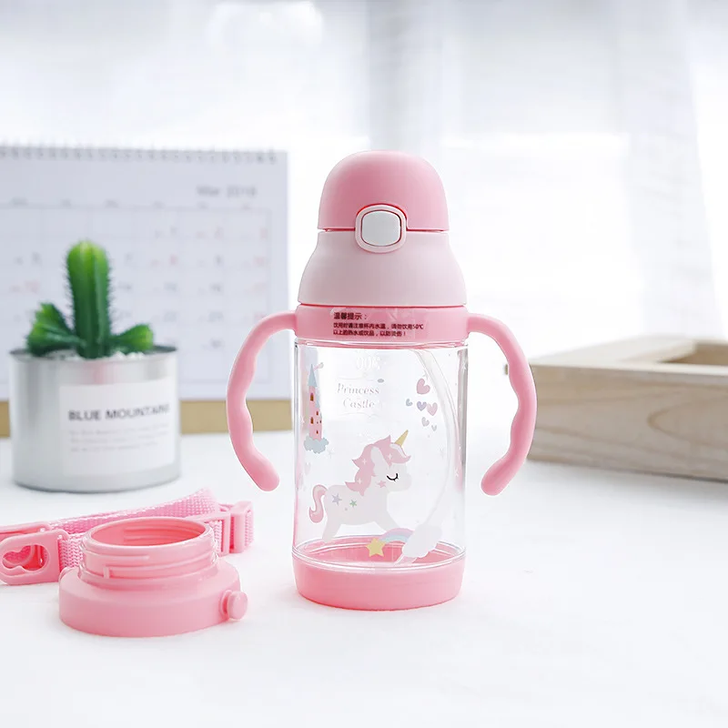 2 способа детская пластиковая бутылка для воды с соломинкой и ручкой BPA бесплатно Единорог тритан бутылка для воды портативный спортивный стакан - Цвет: Pink