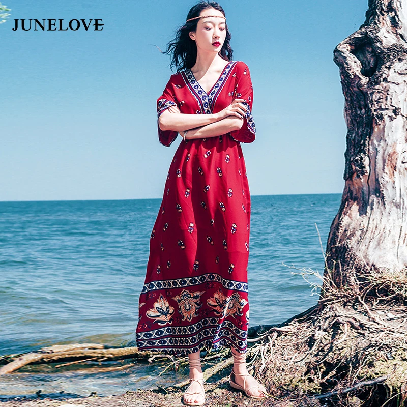 Женское винтажное пляжное платье JuneLove Пляжное Платье в этническом стиле