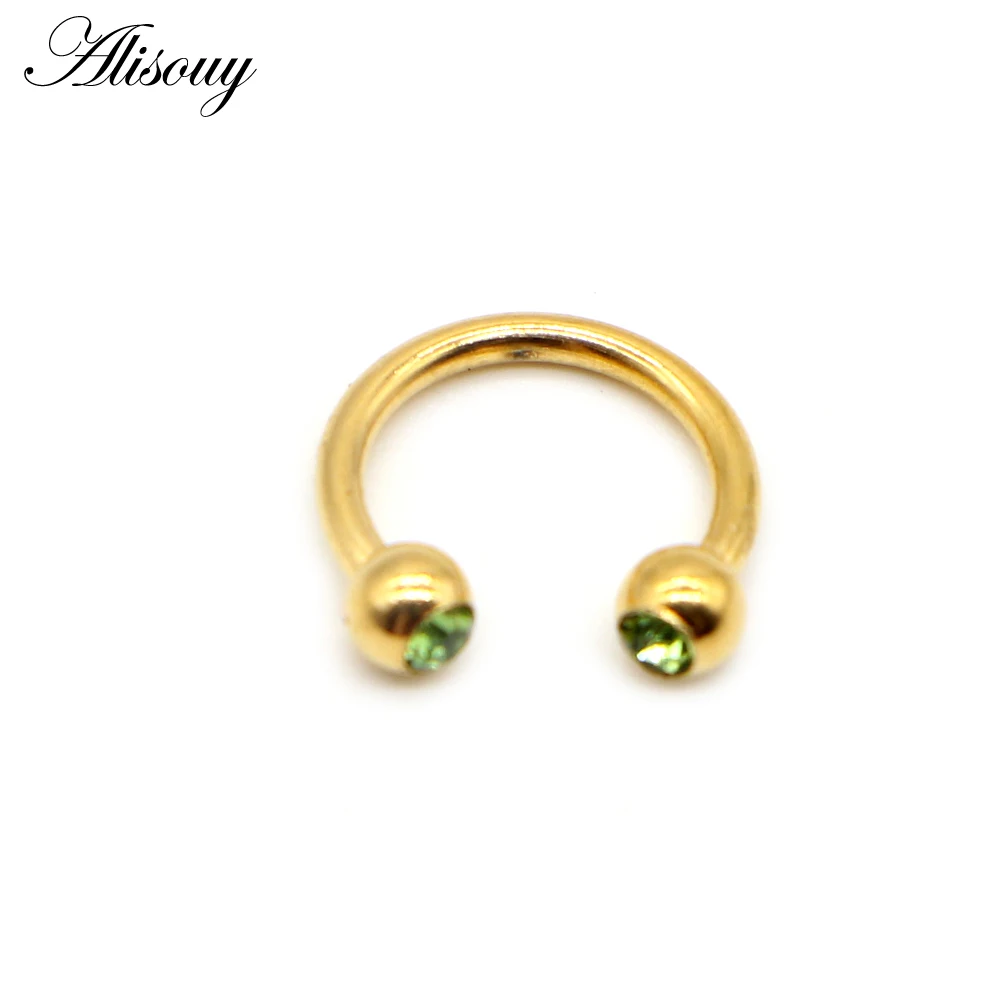 Green Alisouy 1 шт. Золото Цвет Нержавеющая сталь 16 г подковы штанга хрустальное кольцо для носа ниппель Tragus Helix пирсинг тела ювелирные изделия - Окраска металла: Green